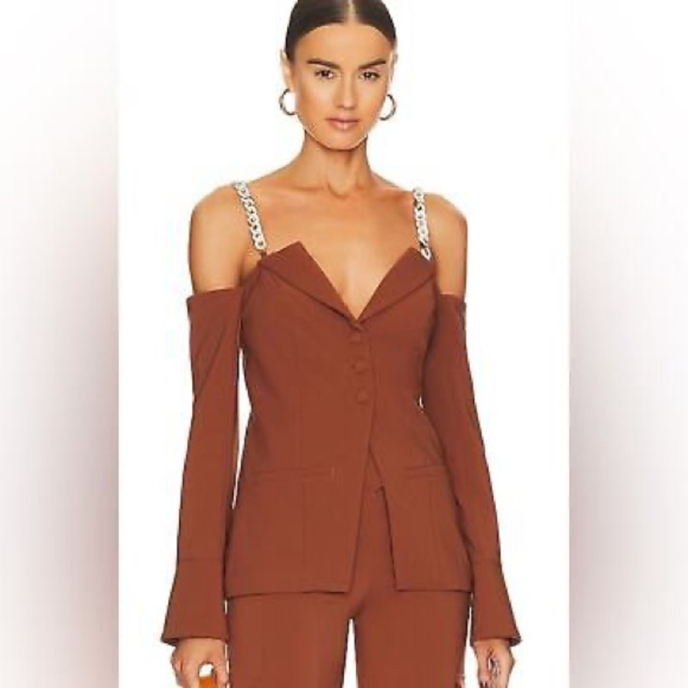 Camila Coelho Brown Off-Shoulder Blazer with Chain Straps